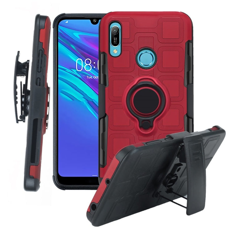 For Huawei Y6 (2019) 3 In 1 Cube PC + TPU Protective Case with 360 Degrees Rotate Black Ring Holder