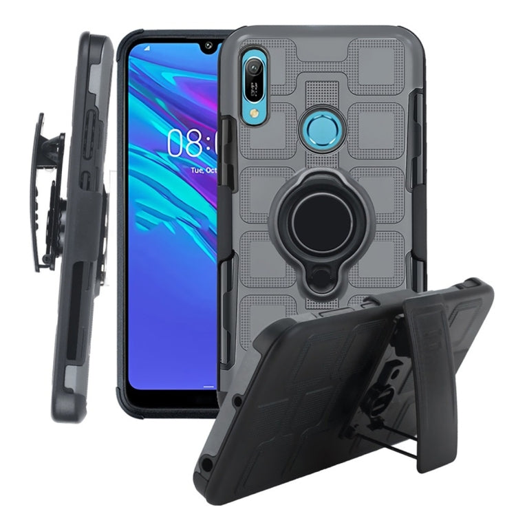 For Huawei Y6 (2019) 3 In 1 Cube PC + TPU Protective Case with 360 Degrees Rotate Black Ring Holder