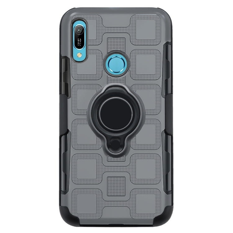 For Huawei Y6 (2019) 3 In 1 Cube PC + TPU Protective Case with 360 Degrees Rotate Black Ring Holder