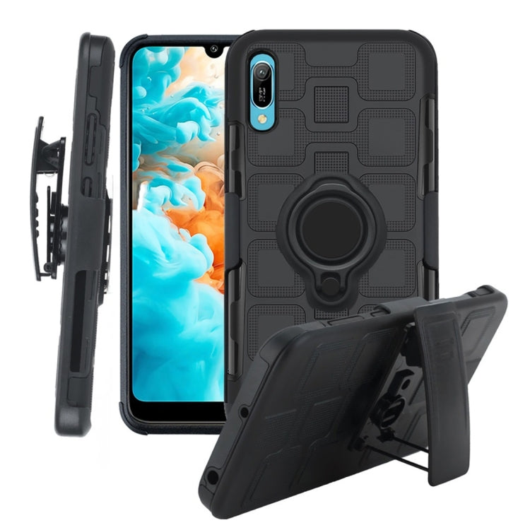For Huawei Y6 Pro (2019) 3 In 1 Cube PC + TPU Protective Case with 360 Degrees Rotate Black Ring Holder