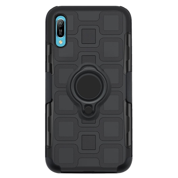 For Huawei Y6 Pro (2019) 3 In 1 Cube PC + TPU Protective Case with 360 Degrees Rotate Black Ring Holder