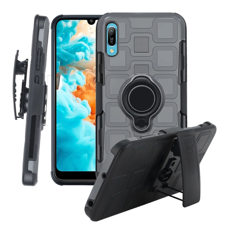 For Huawei Y6 Pro (2019) 3 In 1 Cube PC + TPU Protective Case with 360 Degrees Rotate Black Ring Holder