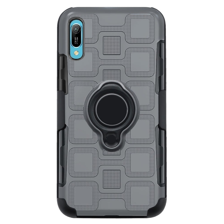 For Huawei Y6 Pro (2019) 3 In 1 Cube PC + TPU Protective Case with 360 Degrees Rotate Black Ring Holder