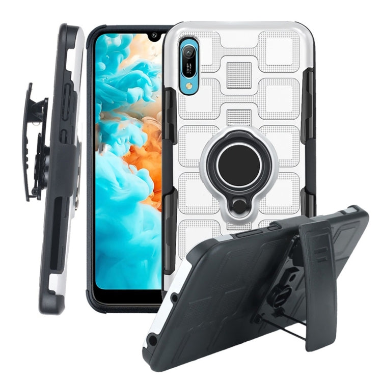 For Huawei Y6 Pro (2019) 3 In 1 Cube PC + TPU Protective Case with 360 Degrees Rotate Black Ring Holder