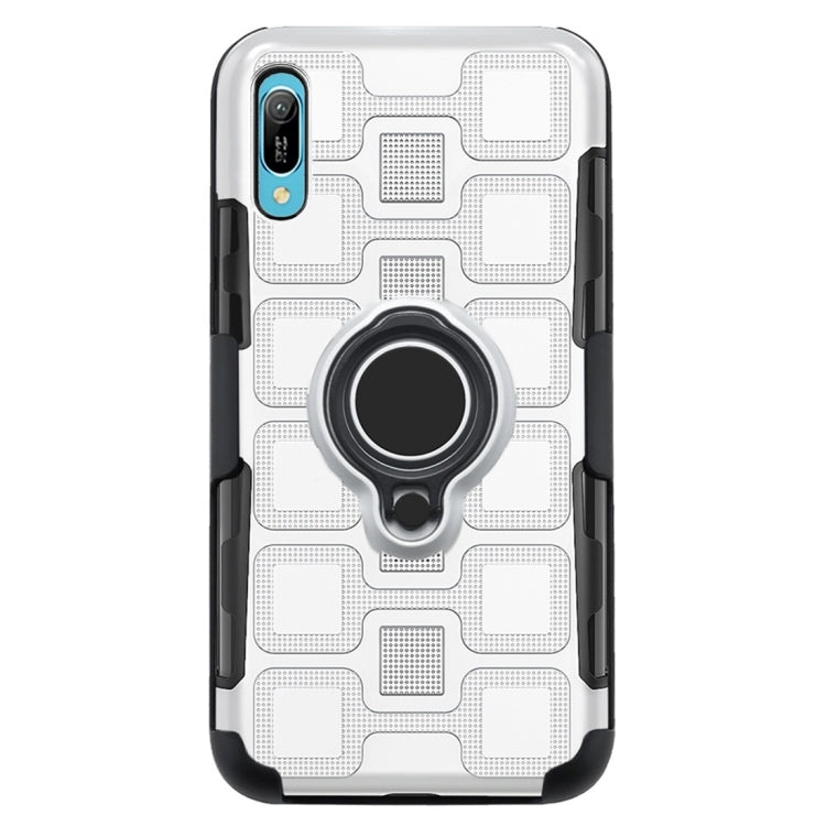 For Huawei Y6 Pro (2019) 3 In 1 Cube PC + TPU Protective Case with 360 Degrees Rotate Black Ring Holder