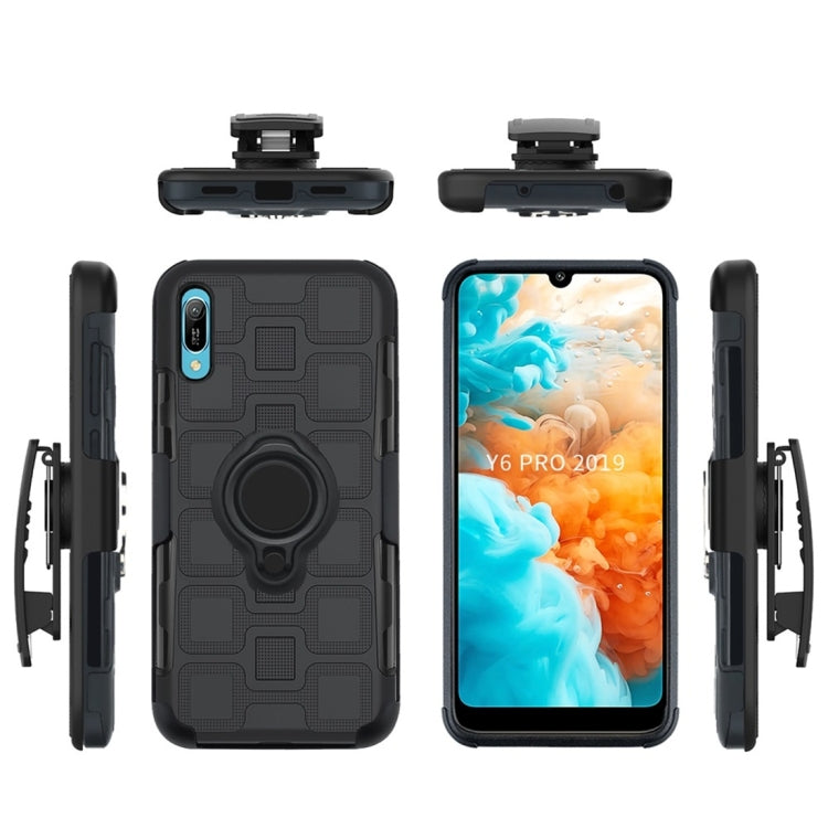 For Huawei Y6 Pro (2019) 3 In 1 Cube PC + TPU Protective Case with 360 Degrees Rotate Black Ring Holder