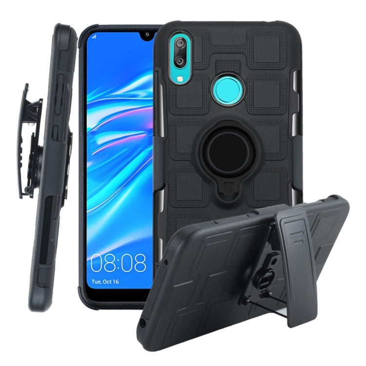 For Huawei Y7 (2019) 3 In 1 Cube PC + TPU Protective Case with 360 Degrees Rotate Black Ring Holder
