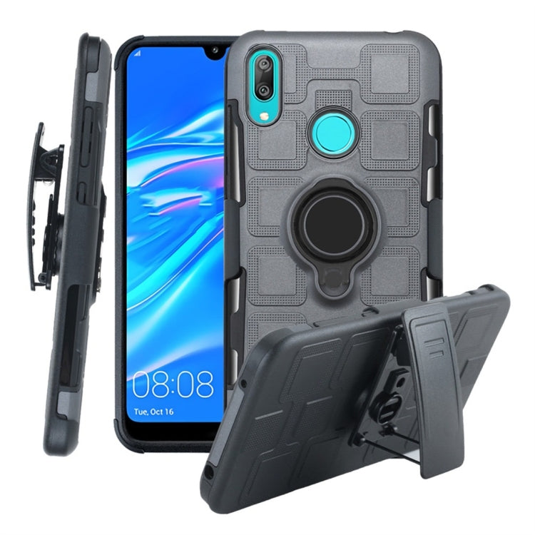 For Huawei Y7 (2019) 3 In 1 Cube PC + TPU Protective Case with 360 Degrees Rotate Black Ring Holder