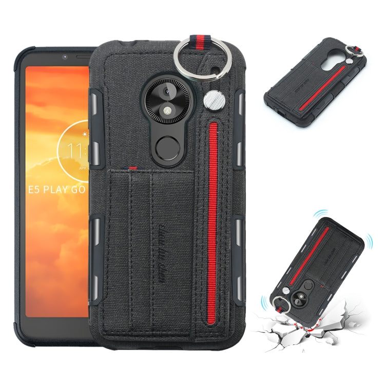 For Motorola Moto E5 Play Go Cloth Texture + TPU Shockproof Protective Case with Metal Ring & Holder & Card Slots & Hanging Strap