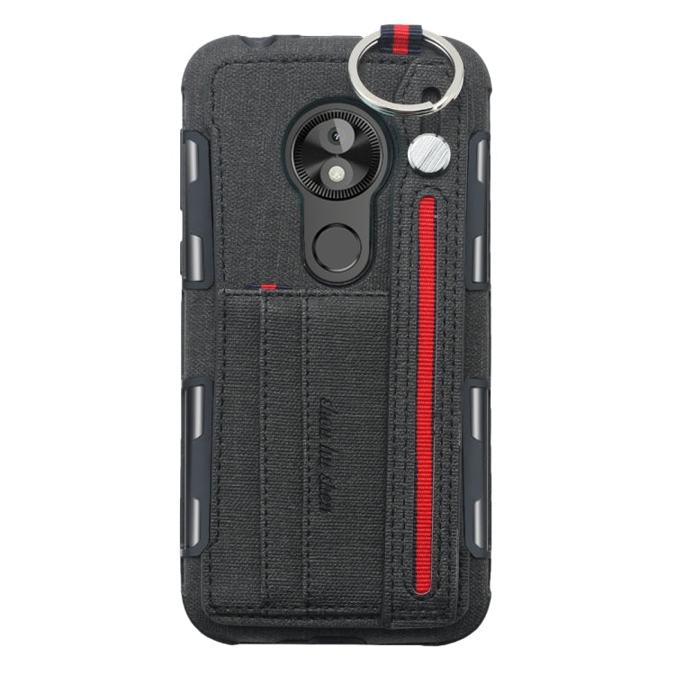 For Motorola Moto E5 Play Go Cloth Texture + TPU Shockproof Protective Case with Metal Ring & Holder & Card Slots & Hanging Strap