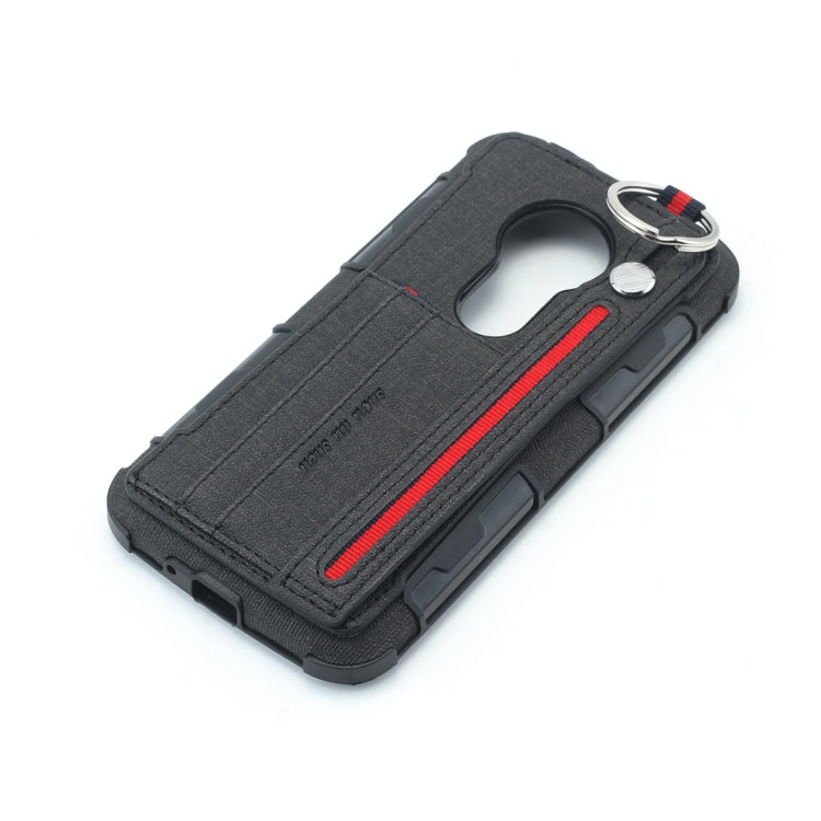For Motorola Moto E5 Play Go Cloth Texture + TPU Shockproof Protective Case with Metal Ring & Holder & Card Slots & Hanging Strap