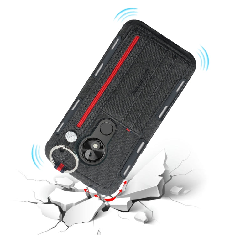 For Motorola Moto E5 Play Go Cloth Texture + TPU Shockproof Protective Case with Metal Ring & Holder & Card Slots & Hanging Strap