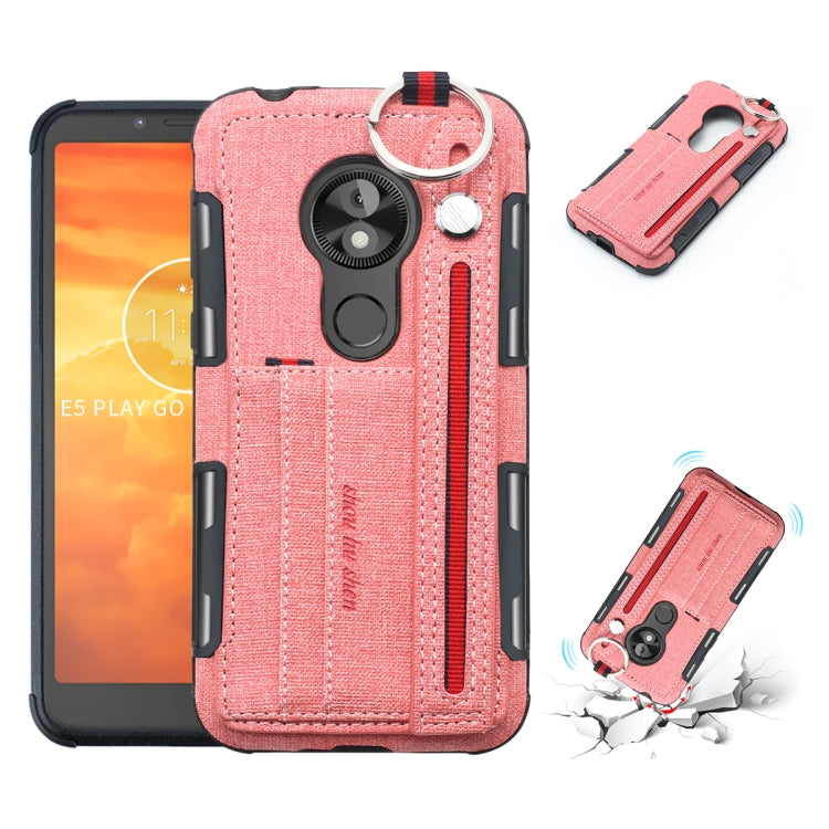 For Motorola Moto E5 Play Go Cloth Texture + TPU Shockproof Protective Case with Metal Ring & Holder & Card Slots & Hanging Strap