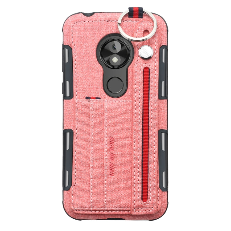 For Motorola Moto E5 Play Go Cloth Texture + TPU Shockproof Protective Case with Metal Ring & Holder & Card Slots & Hanging Strap