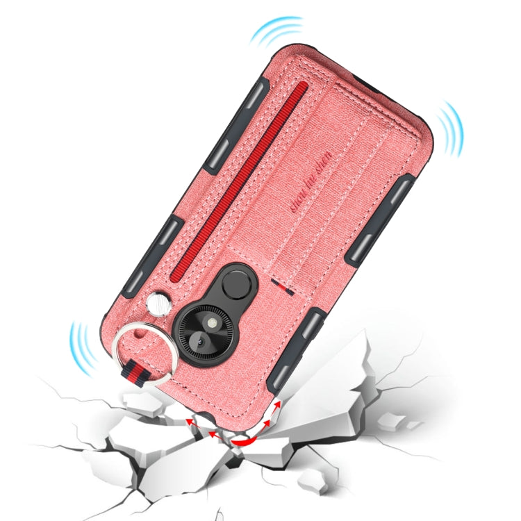 For Motorola Moto E5 Play Go Cloth Texture + TPU Shockproof Protective Case with Metal Ring & Holder & Card Slots & Hanging Strap