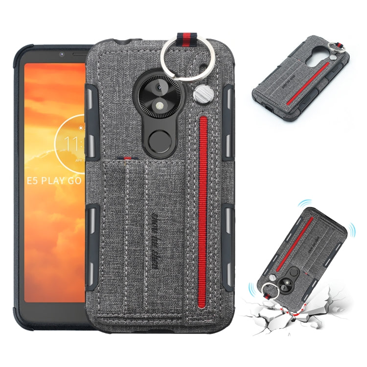 For Motorola Moto E5 Play Go Cloth Texture + TPU Shockproof Protective Case with Metal Ring & Holder & Card Slots & Hanging Strap