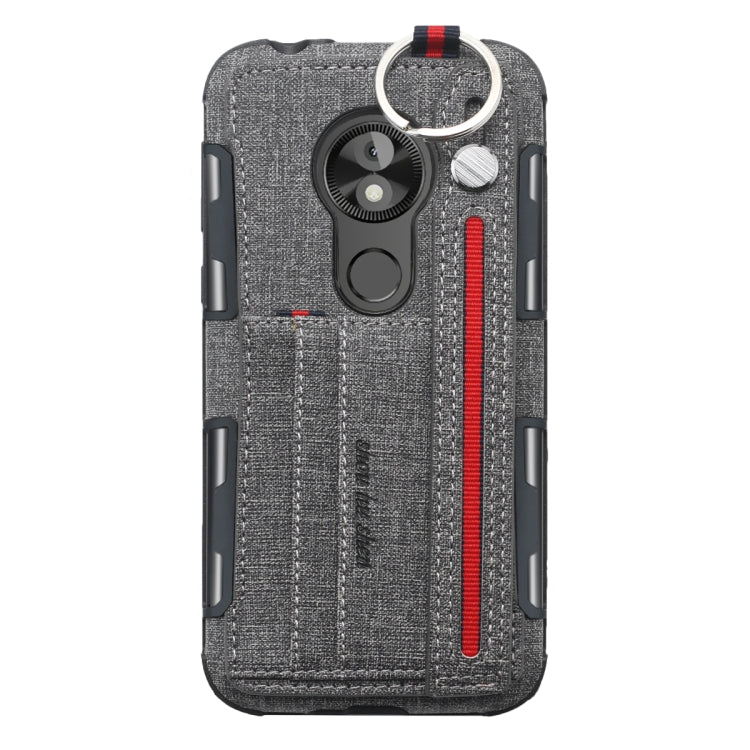 For Motorola Moto E5 Play Go Cloth Texture + TPU Shockproof Protective Case with Metal Ring & Holder & Card Slots & Hanging Strap