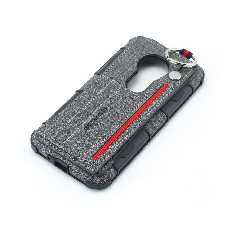 For Motorola Moto E5 Play Go Cloth Texture + TPU Shockproof Protective Case with Metal Ring & Holder & Card Slots & Hanging Strap