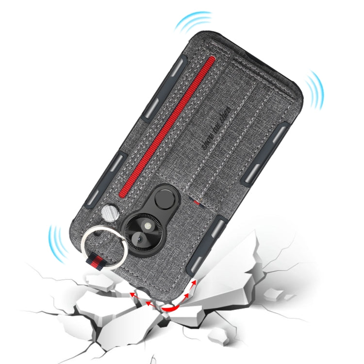 For Motorola Moto E5 Play Go Cloth Texture + TPU Shockproof Protective Case with Metal Ring & Holder & Card Slots & Hanging Strap