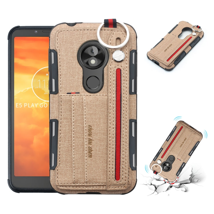 For Motorola Moto E5 Play Go Cloth Texture + TPU Shockproof Protective Case with Metal Ring & Holder & Card Slots & Hanging Strap
