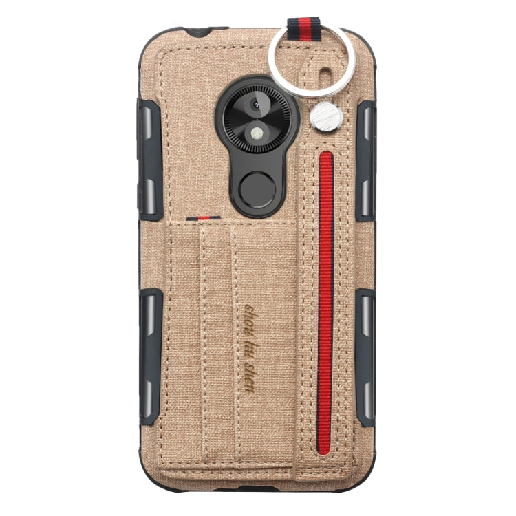 For Motorola Moto E5 Play Go Cloth Texture + TPU Shockproof Protective Case with Metal Ring & Holder & Card Slots & Hanging Strap