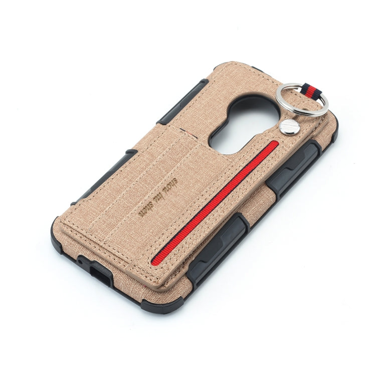 For Motorola Moto E5 Play Go Cloth Texture + TPU Shockproof Protective Case with Metal Ring & Holder & Card Slots & Hanging Strap