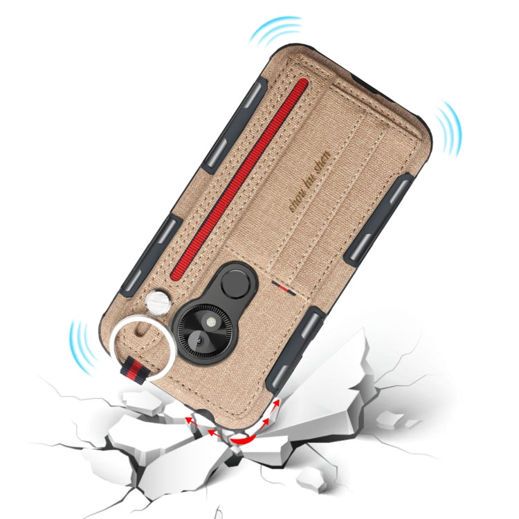 For Motorola Moto E5 Play Go Cloth Texture + TPU Shockproof Protective Case with Metal Ring & Holder & Card Slots & Hanging Strap