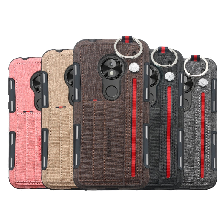 For Motorola Moto E5 Play Go Cloth Texture + TPU Shockproof Protective Case with Metal Ring & Holder & Card Slots & Hanging Strap