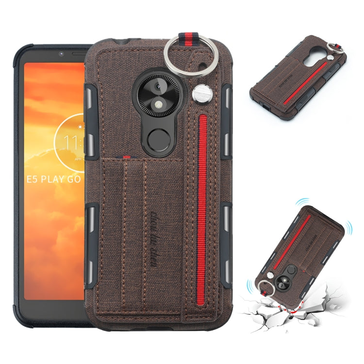 For Motorola Moto E5 Play Go Cloth Texture + TPU Shockproof Protective Case with Metal Ring & Holder & Card Slots & Hanging Strap