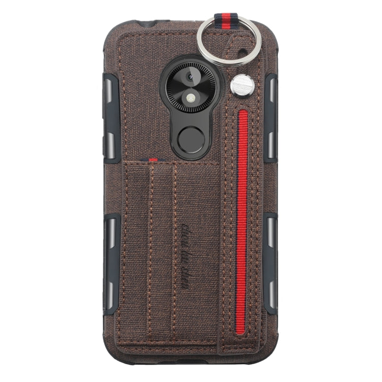 For Motorola Moto E5 Play Go Cloth Texture + TPU Shockproof Protective Case with Metal Ring & Holder & Card Slots & Hanging Strap