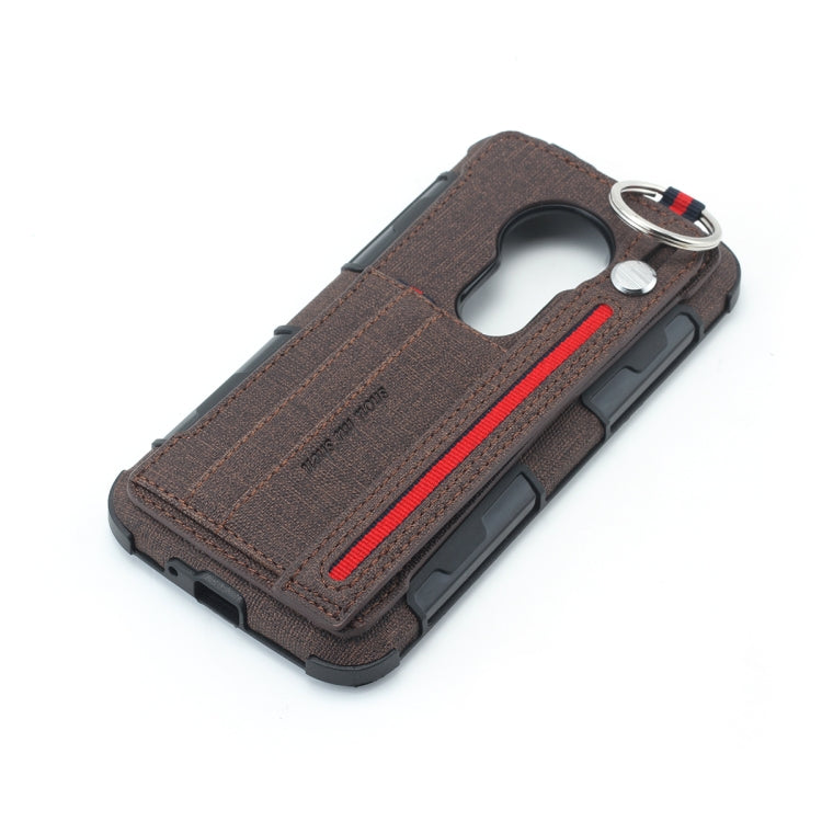 For Motorola Moto E5 Play Go Cloth Texture + TPU Shockproof Protective Case with Metal Ring & Holder & Card Slots & Hanging Strap