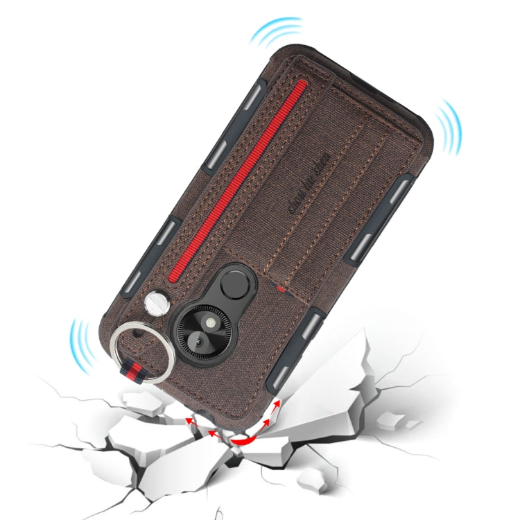 For Motorola Moto E5 Play Go Cloth Texture + TPU Shockproof Protective Case with Metal Ring & Holder & Card Slots & Hanging Strap