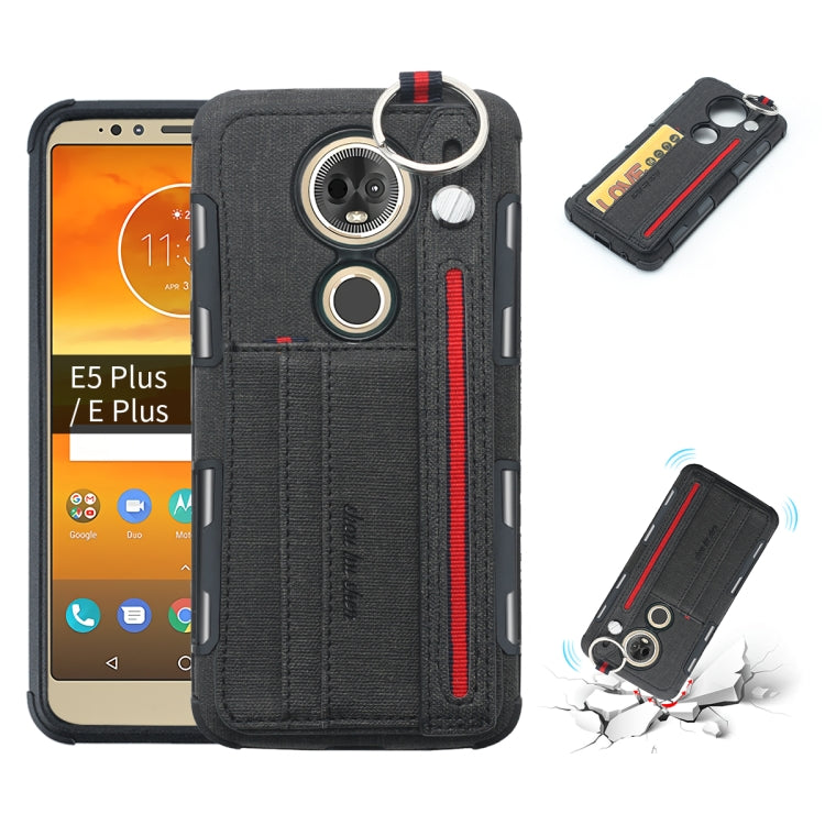 For Motorola Moto E5 Plus Cloth Texture + TPU Shockproof Protective Case with Metal Ring & Holder & Card Slots & Hanging Strap