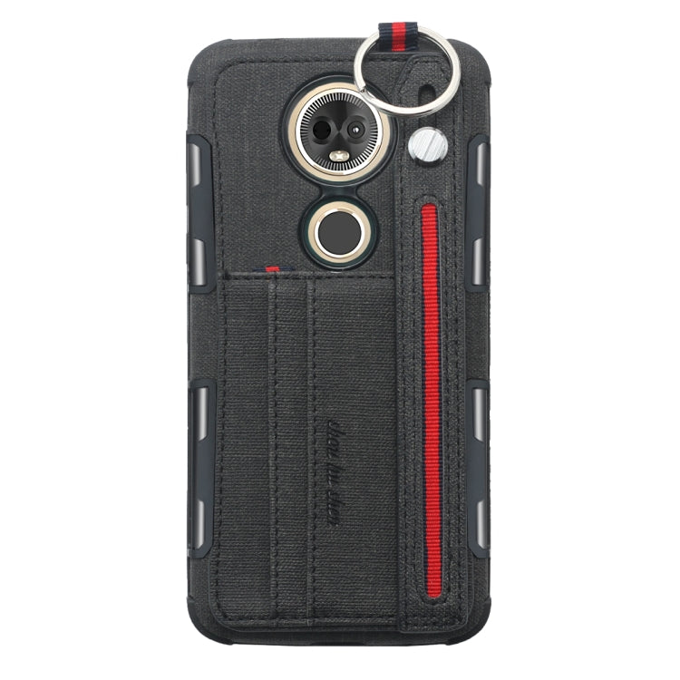 For Motorola Moto E5 Plus Cloth Texture + TPU Shockproof Protective Case with Metal Ring & Holder & Card Slots & Hanging Strap