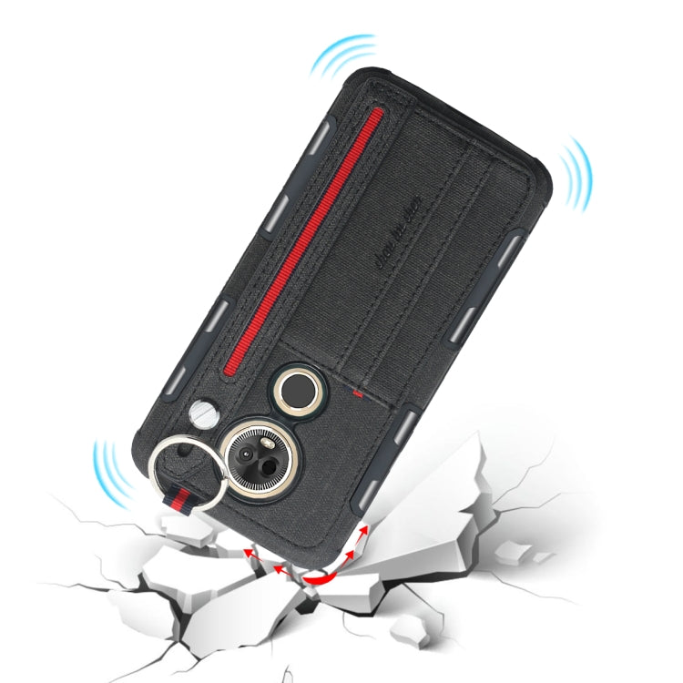 For Motorola Moto E5 Plus Cloth Texture + TPU Shockproof Protective Case with Metal Ring & Holder & Card Slots & Hanging Strap