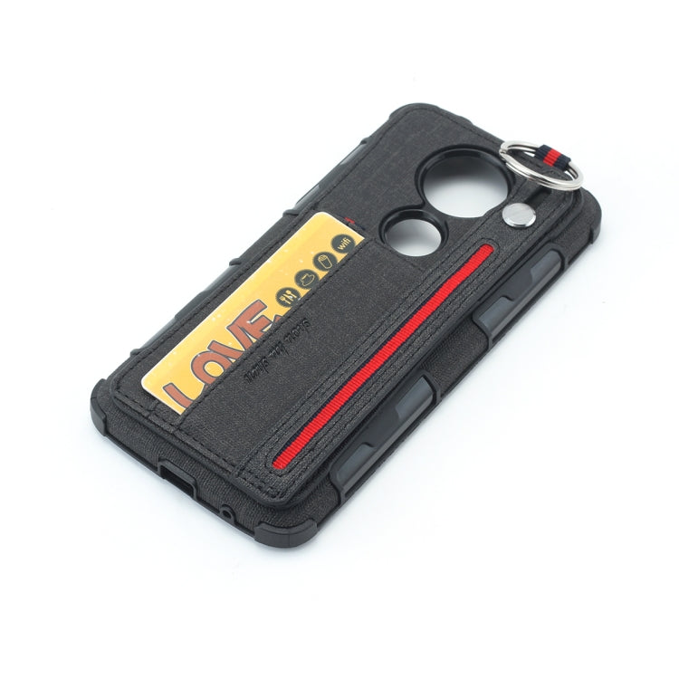 For Motorola Moto E5 Plus Cloth Texture + TPU Shockproof Protective Case with Metal Ring & Holder & Card Slots & Hanging Strap