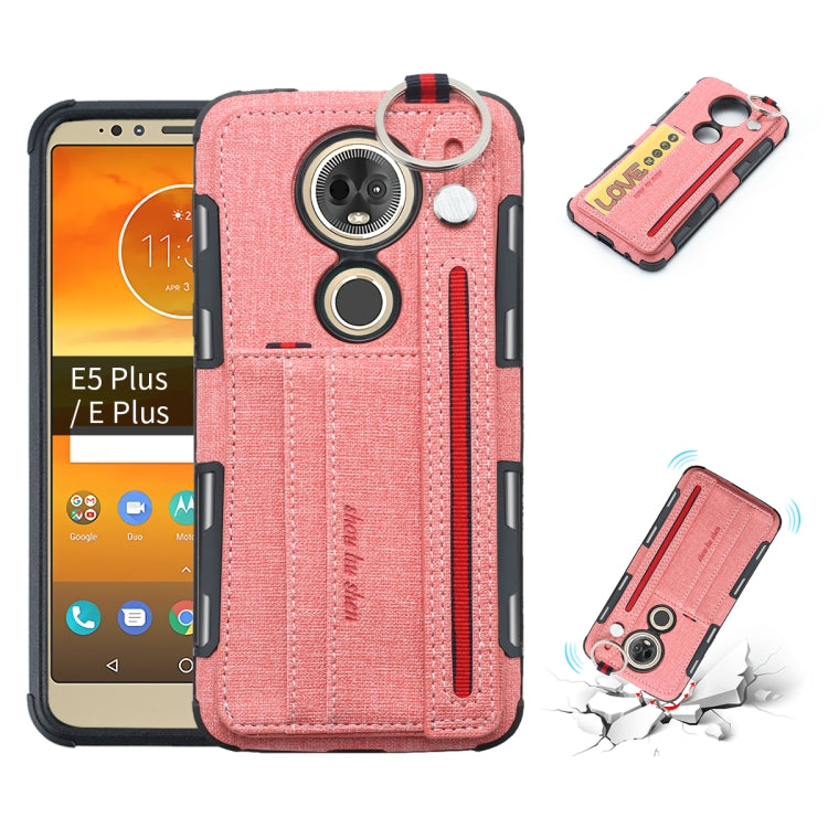 For Motorola Moto E5 Plus Cloth Texture + TPU Shockproof Protective Case with Metal Ring & Holder & Card Slots & Hanging Strap