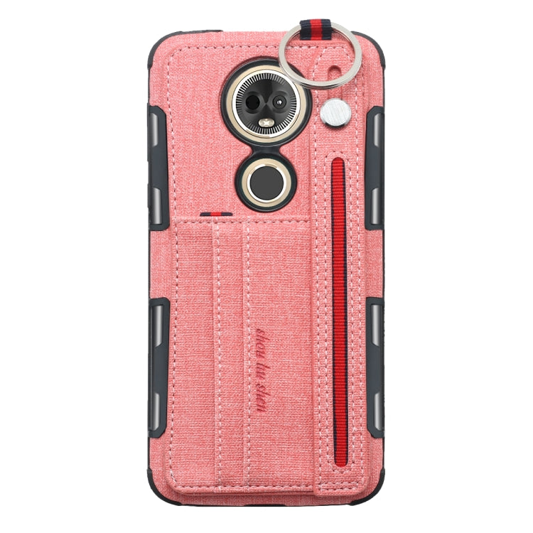 For Motorola Moto E5 Plus Cloth Texture + TPU Shockproof Protective Case with Metal Ring & Holder & Card Slots & Hanging Strap
