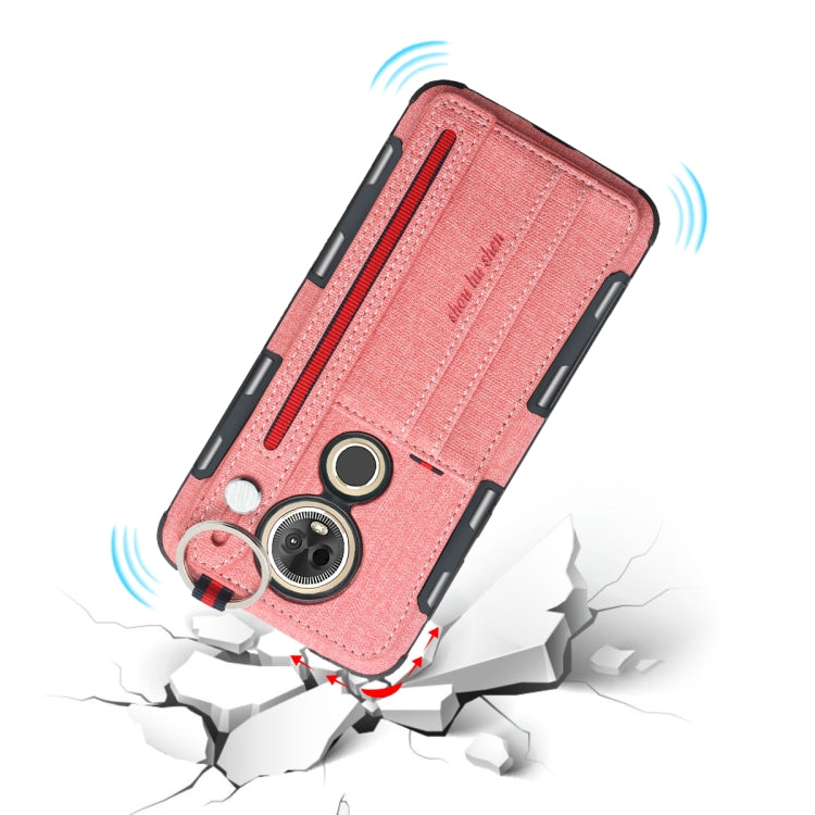 For Motorola Moto E5 Plus Cloth Texture + TPU Shockproof Protective Case with Metal Ring & Holder & Card Slots & Hanging Strap