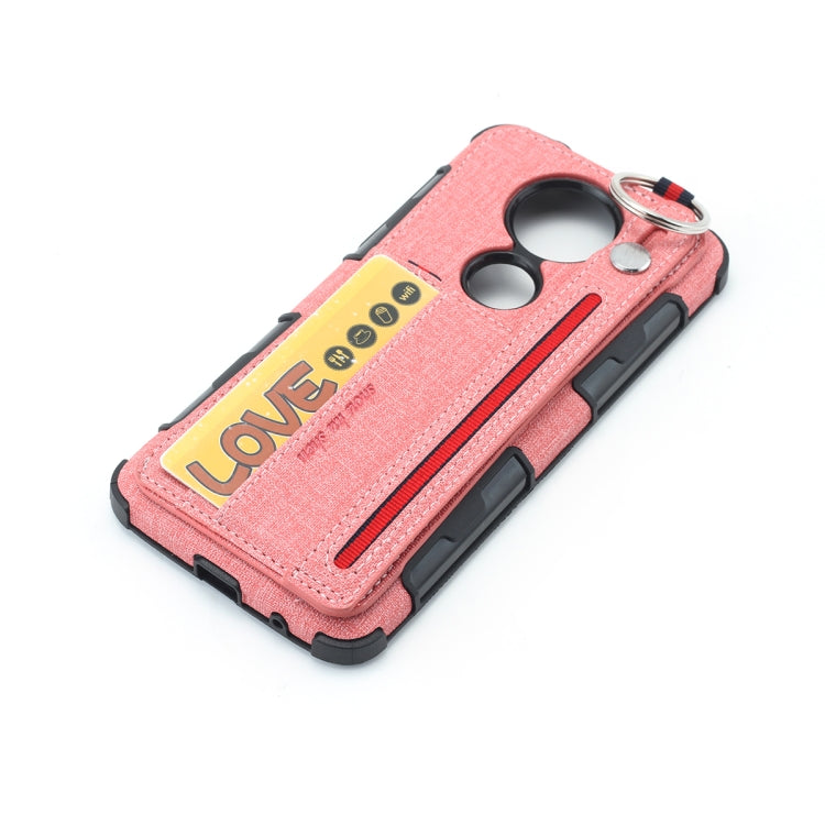 For Motorola Moto E5 Plus Cloth Texture + TPU Shockproof Protective Case with Metal Ring & Holder & Card Slots & Hanging Strap