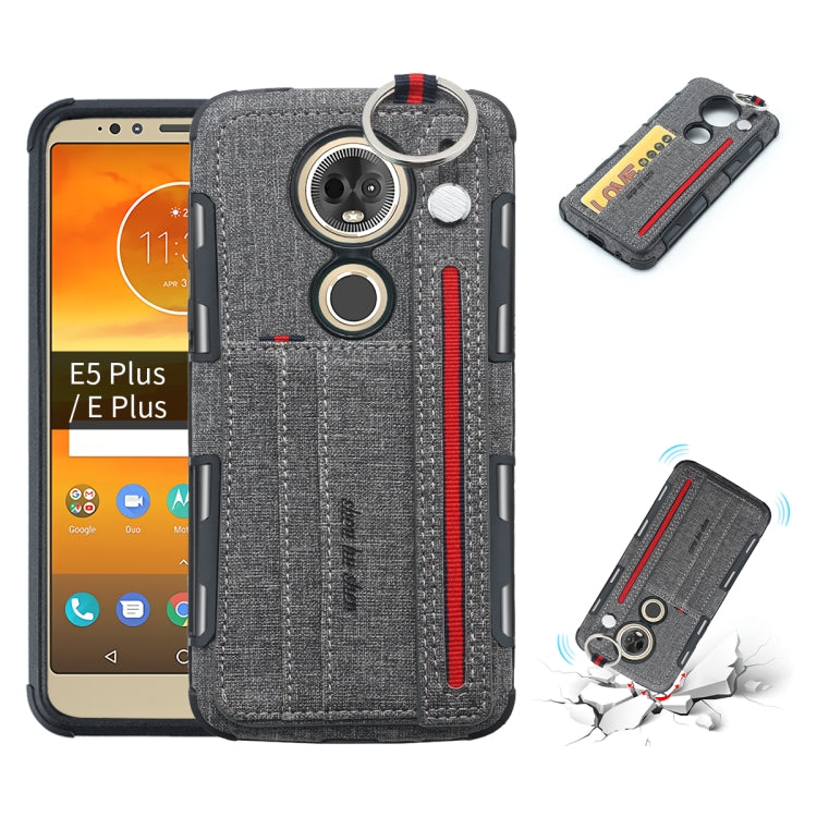 For Motorola Moto E5 Plus Cloth Texture + TPU Shockproof Protective Case with Metal Ring & Holder & Card Slots & Hanging Strap