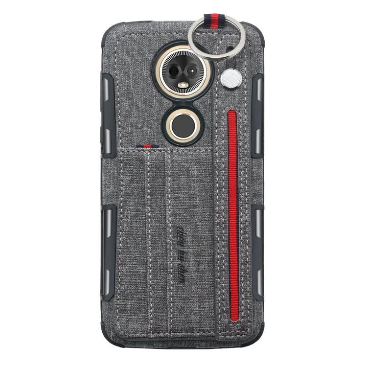 For Motorola Moto E5 Plus Cloth Texture + TPU Shockproof Protective Case with Metal Ring & Holder & Card Slots & Hanging Strap