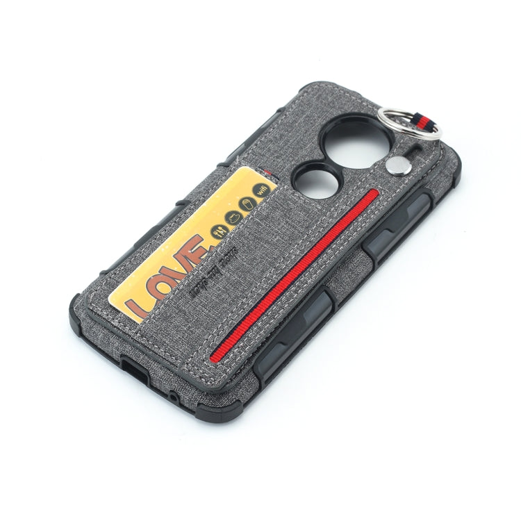 For Motorola Moto E5 Plus Cloth Texture + TPU Shockproof Protective Case with Metal Ring & Holder & Card Slots & Hanging Strap