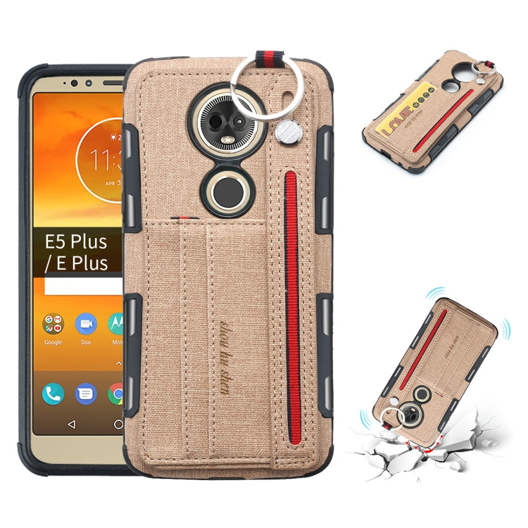 For Motorola Moto E5 Plus Cloth Texture + TPU Shockproof Protective Case with Metal Ring & Holder & Card Slots & Hanging Strap