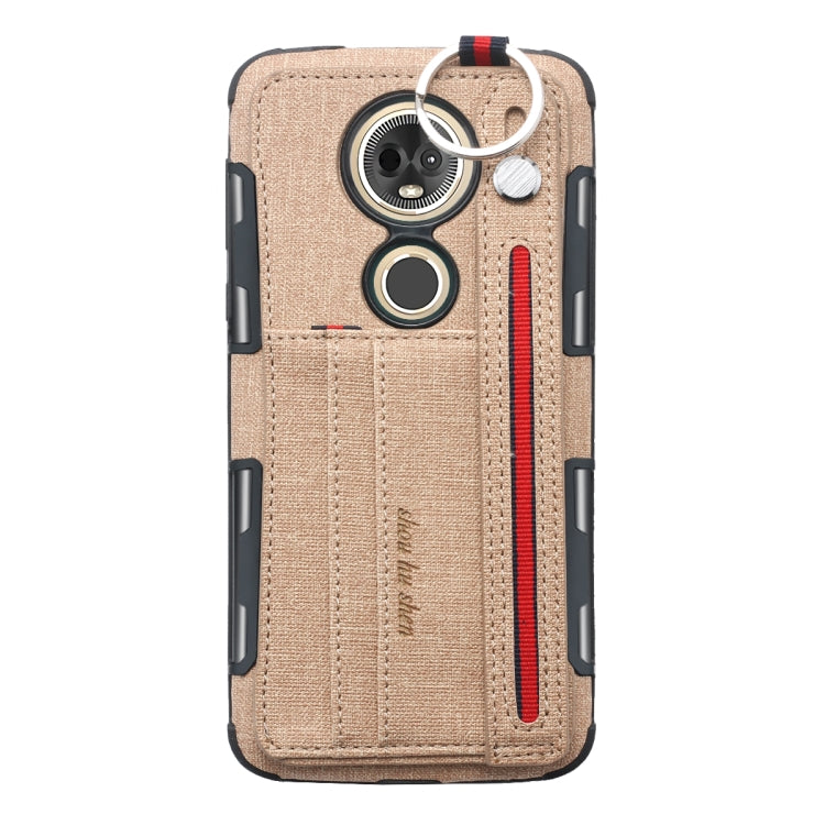 For Motorola Moto E5 Plus Cloth Texture + TPU Shockproof Protective Case with Metal Ring & Holder & Card Slots & Hanging Strap