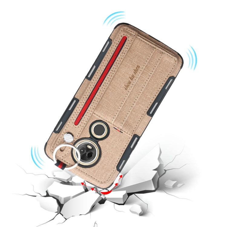 For Motorola Moto E5 Plus Cloth Texture + TPU Shockproof Protective Case with Metal Ring & Holder & Card Slots & Hanging Strap