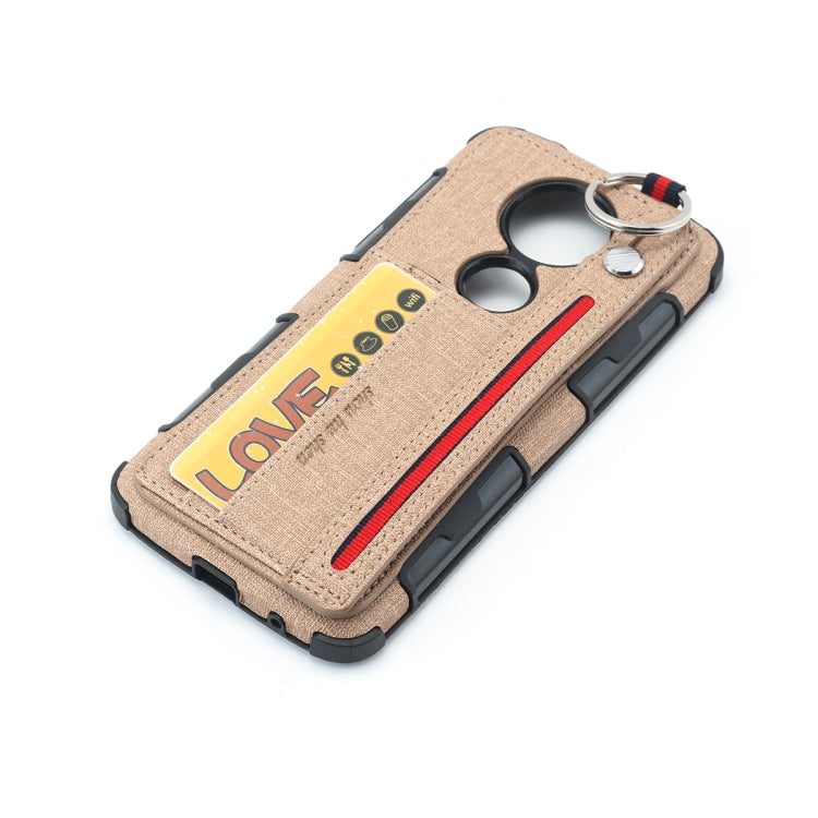 For Motorola Moto E5 Plus Cloth Texture + TPU Shockproof Protective Case with Metal Ring & Holder & Card Slots & Hanging Strap