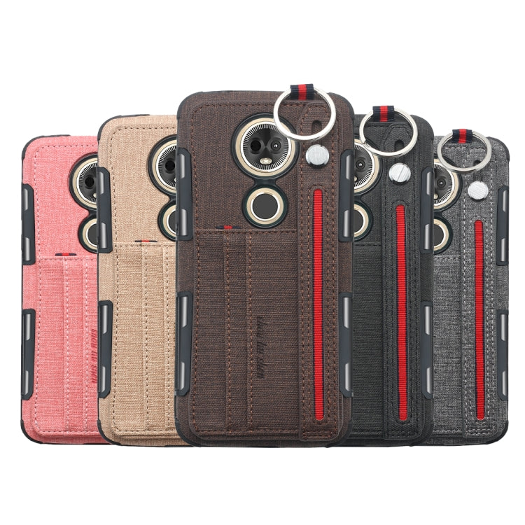 For Motorola Moto E5 Plus Cloth Texture + TPU Shockproof Protective Case with Metal Ring & Holder & Card Slots & Hanging Strap