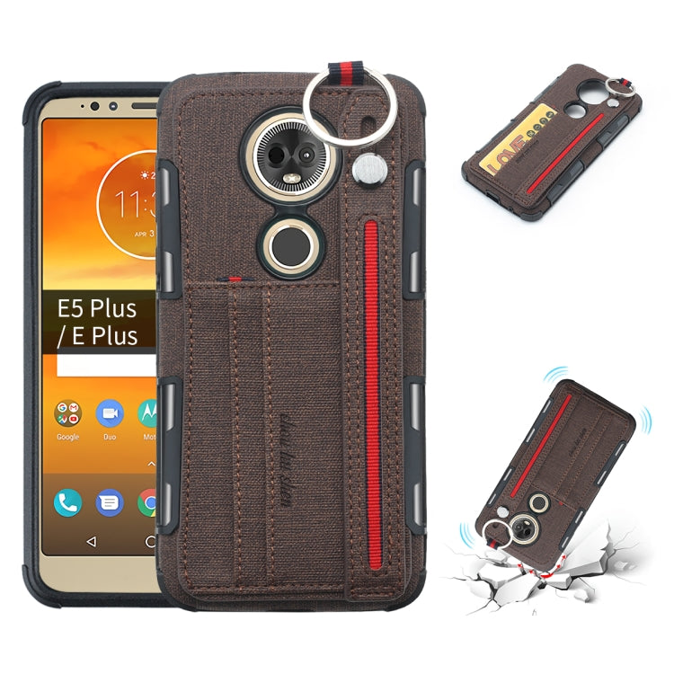 For Motorola Moto E5 Plus Cloth Texture + TPU Shockproof Protective Case with Metal Ring & Holder & Card Slots & Hanging Strap