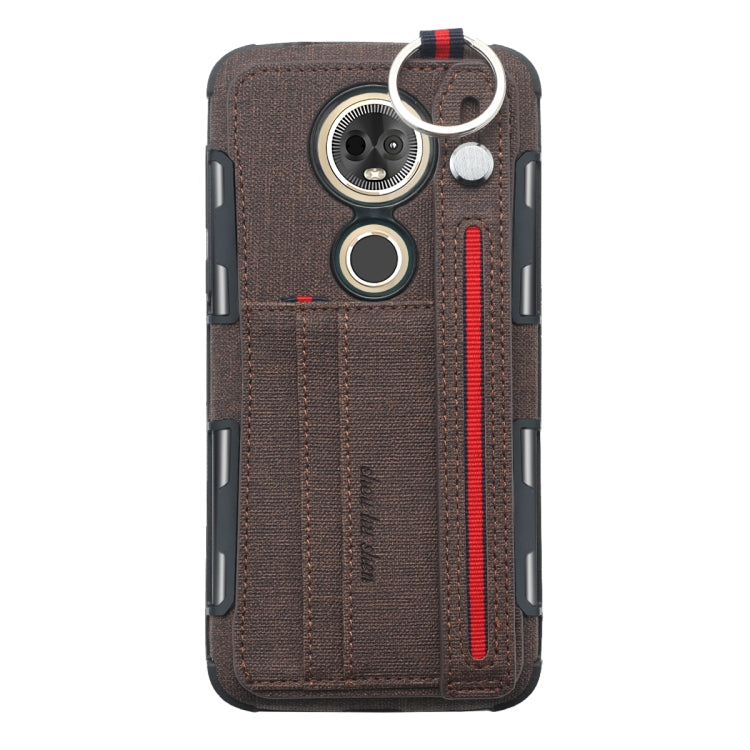 For Motorola Moto E5 Plus Cloth Texture + TPU Shockproof Protective Case with Metal Ring & Holder & Card Slots & Hanging Strap